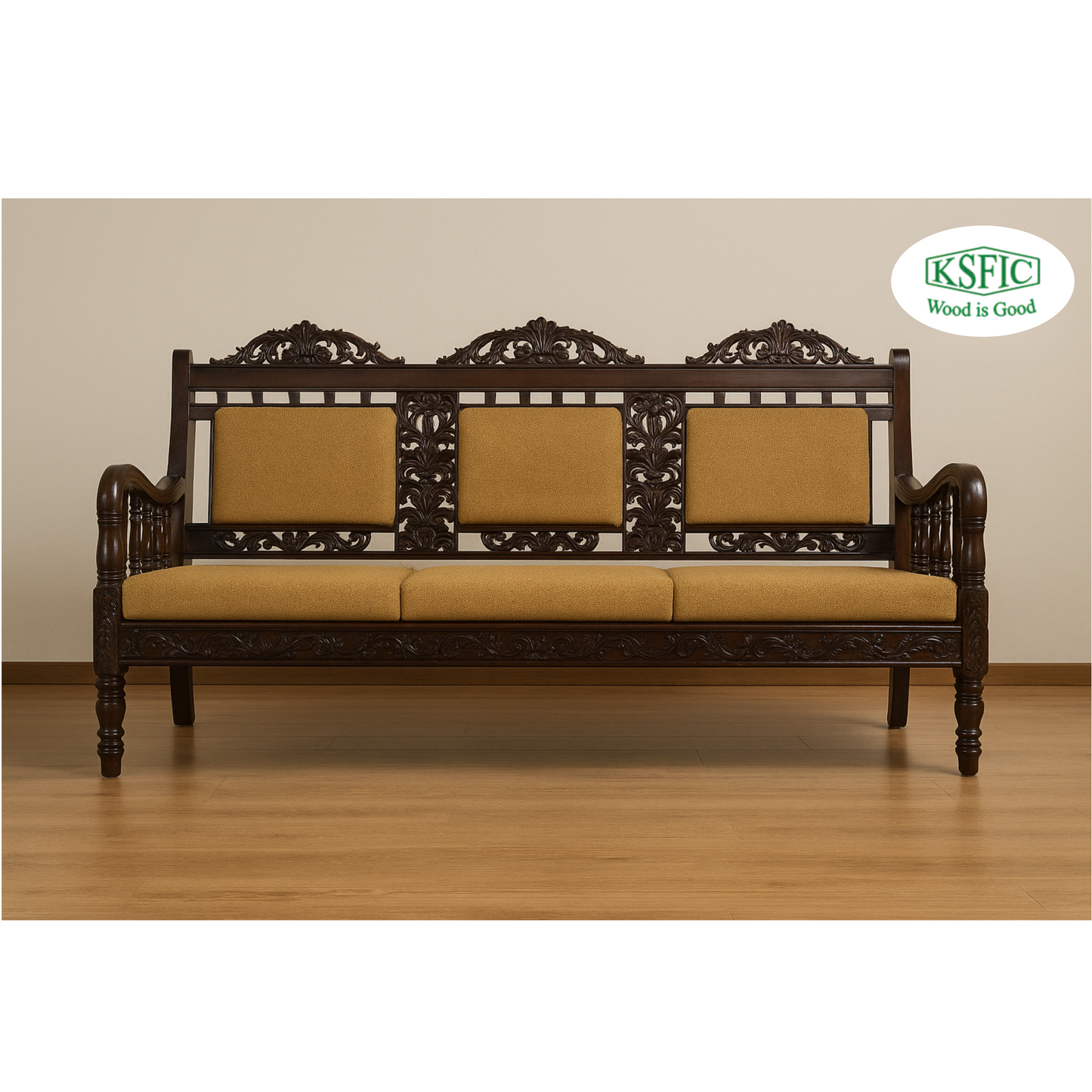 Rose Wood Carving 3 Seater Sofa with Fixed Cushion