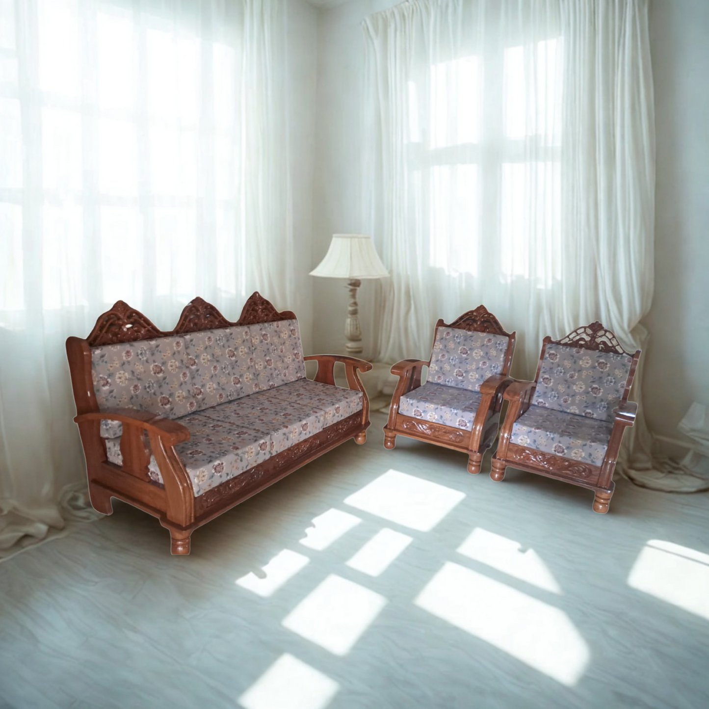 Teakwood Carving 3 Seater Sofa with Cushion